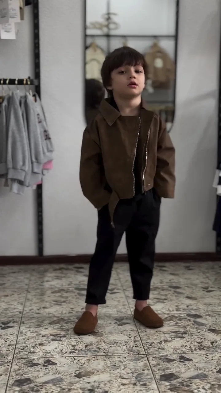 Boys Stylish Winter Look - Brown Suede Jacket Set