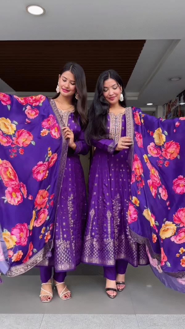Purple Embroidered Suit Set with Floral Dupatta