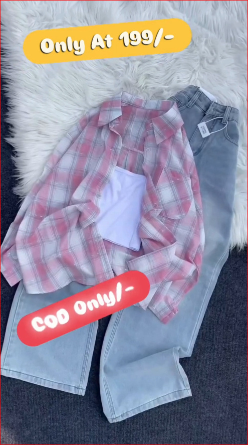Trendy Plaid Overshirt with Light Wash Denim Jeans Set