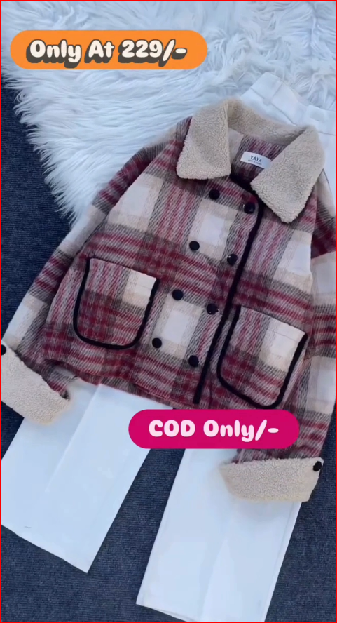Premium Checkered Fur Collar Jacket for Girls | Stylish Winter Coat |