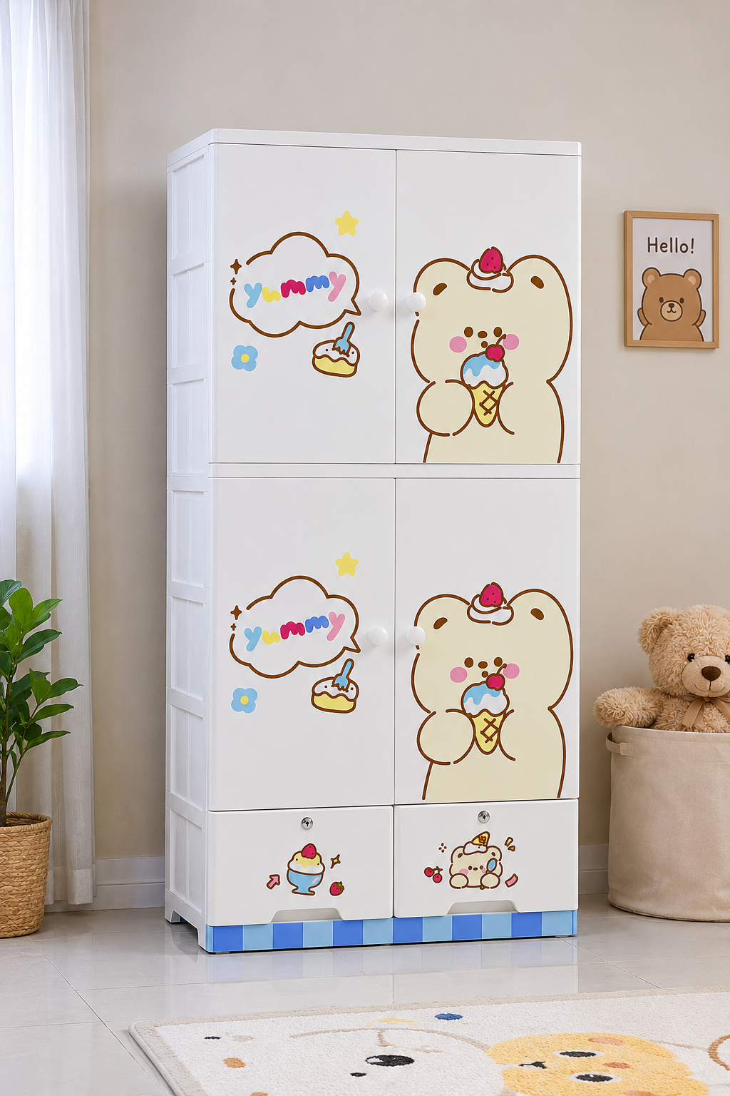 Kids Plastic Baby Cupboard | 6 Door Storage Cabinet with 2 Drawers | Cartoon Bear Design | Multi-Purpose Wardrobe Organizer for Clothes & Toys