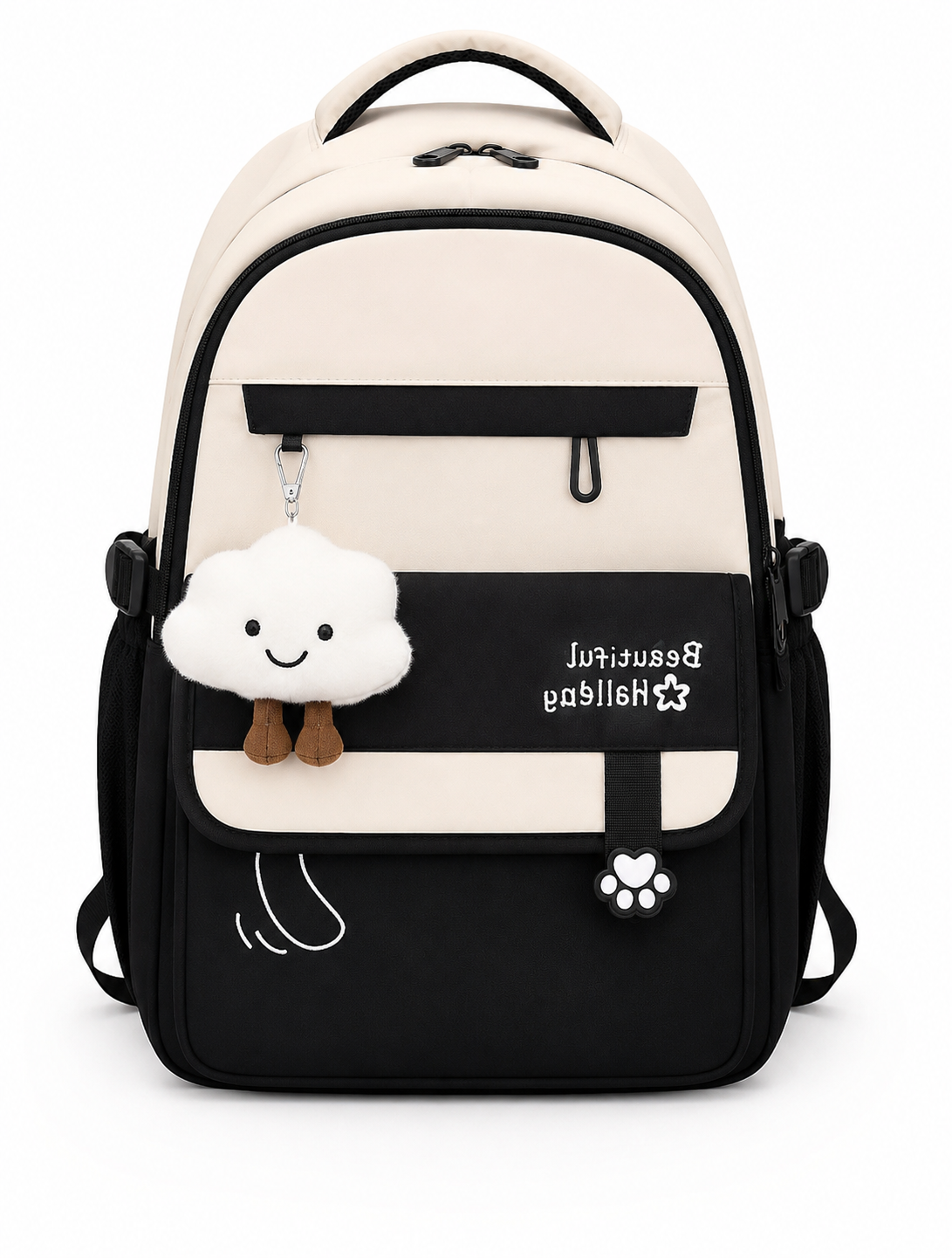 Cute Korean Style School Backpack for Girls | Large Capacity College Laptop Bag | Kawaii Travel Backpack with Plush Cloud Keychain