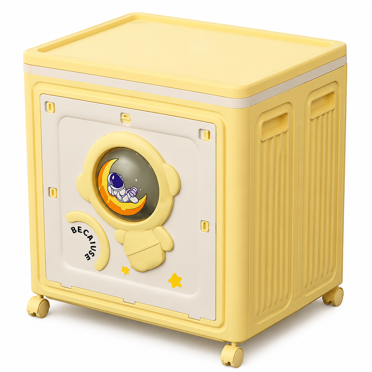 Kids Foldable Storage Cabinet with Wheels – Large Capacity Plastic Organizer Box | Space Theme | Yellow