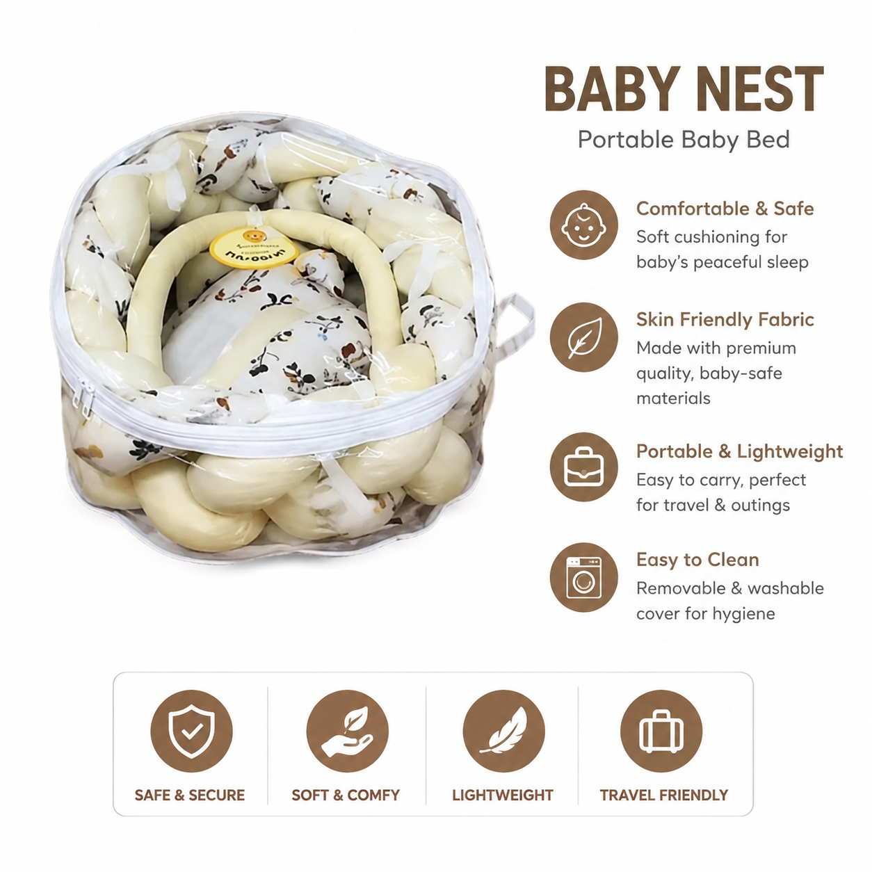 Portable Baby Nest Bed | Soft Newborn Sleeping Cushion | Infant Lounger with Carry Bag | Washable Baby Bed Set