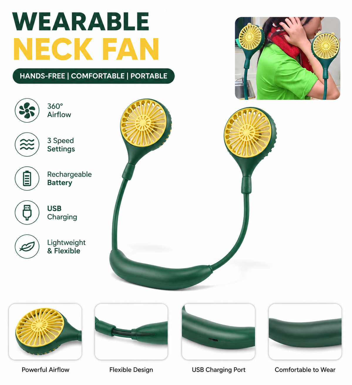 Wearable Neck Fan – Hands-Free Portable Personal Fan with 3 Speed Settings & USB Rechargeable Battery