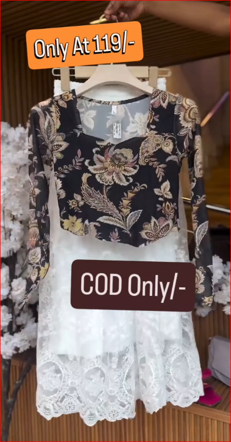 Floral Print Crop Top with White Lace Flare Skirt