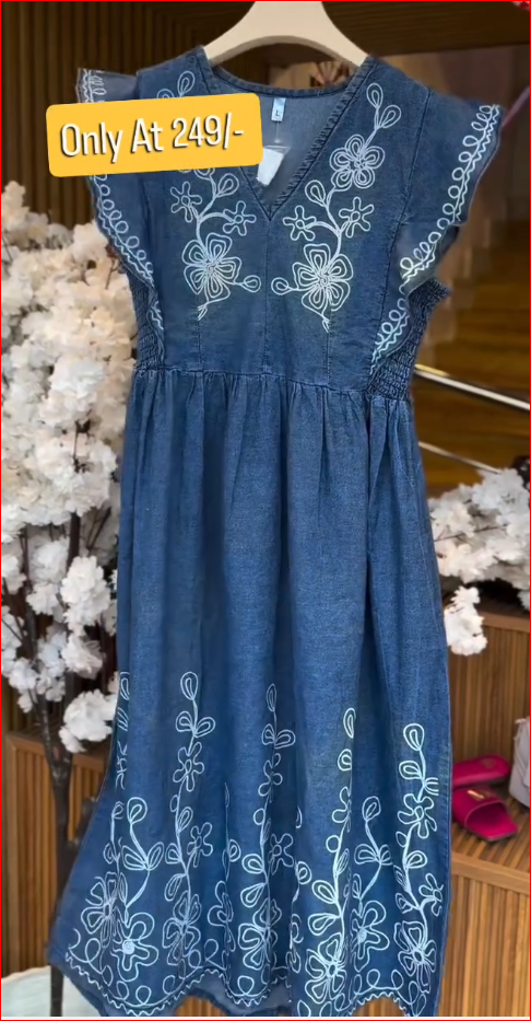 Elegant Blue Denim Embroidered Casual Dress