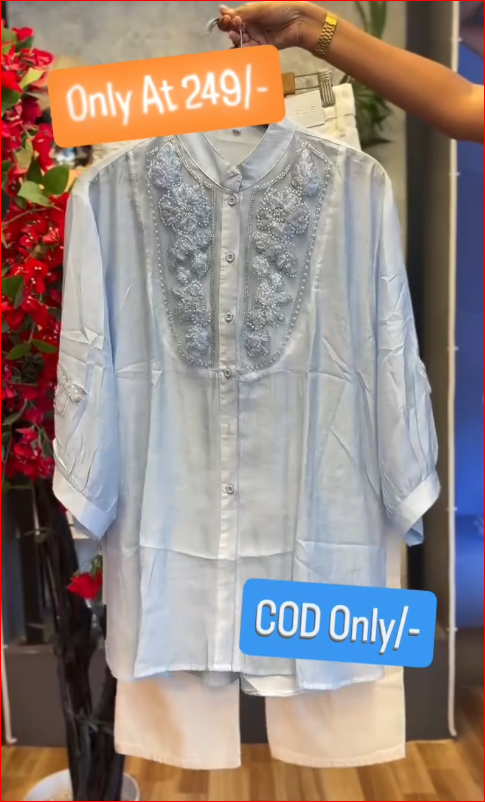 Elegant Embroidered Mandarin Collar Shirt with White Straight Jeans Set