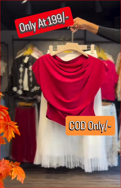 Elegant Draped Red Top with White Pleated Midi Skirt Set