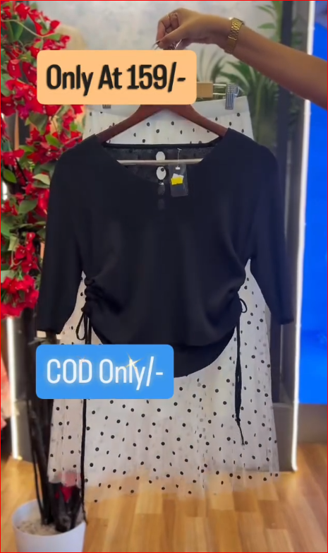 Stylish Black Top with Polka Dot Net Skirt