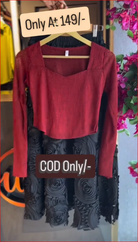 Elegant Maroon Crop Top with Black Floral Skirt
